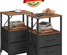 Bedside Table with Charging Station, Side Table with 2 USB Ports and Outlets, Nightstand with Cloth Drawer, Set of 2, End Table, Brown and Black