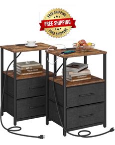 Bedside Table with Charging Station, Side Table with 2 USB Ports and Outlets, Nightstand with Cloth Drawer, Set of 2, End Table, Brown and Black