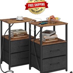 Bedside Table with Charging Station, Side Table with 2 USB Ports and Outlets, Nightstand with Cloth Drawer, Set of 2, End Table, Brown and Black