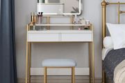 Makeup Table with Mirror and Stool, Vanity Dressing Table Set with 3 Color Adjustable Brightness LED Lights, 2 Large Storage Drawers and Metal Frame for Bedroom, White and Gold