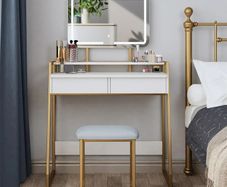 Makeup Table with Mirror and Stool, Vanity Dressing Table Set with 3 Color Adjustable Brightness LED Lights, 2 Large Storage Drawers and Metal Frame for Bedroom, White and Gold