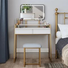 Makeup Table with Mirror and Stool, Vanity Dressing Table Set with 3 Color Adjustable Brightness LED Lights, 2 Large Storage Drawers and Metal Frame for Bedroom, White and Gold