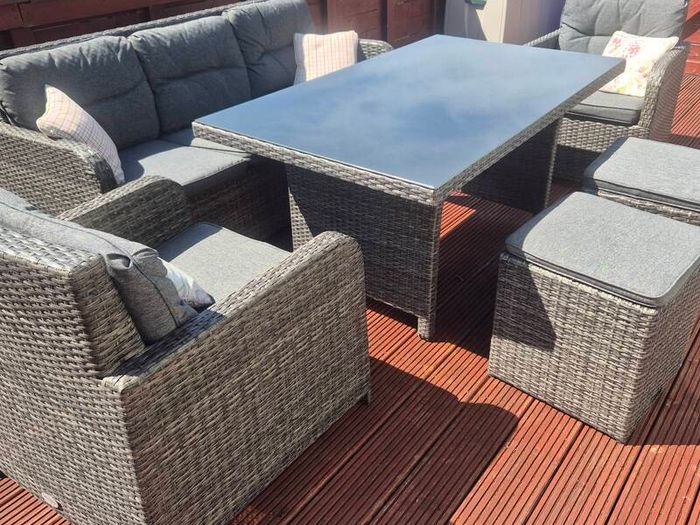 garden table, chairs and stools.