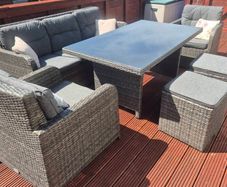 garden table, chairs and stools.