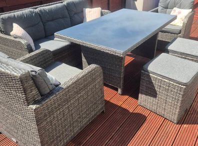 garden table, chairs and stools.