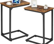 C-Shaped Side Table, Bedside Table Set of 2, Sofa Table for Small Spaces, Coffee Table with Metal Frame for Living Room, Bedroom, Rustic Brown