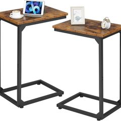 C-Shaped Side Table, Bedside Table Set of 2, Sofa Table for Small Spaces, Coffee Table with Metal Frame for Living Room, Bedroom, Rustic Brown