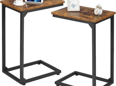 C-Shaped Side Table, Bedside Table Set of 2, Sofa Table for Small Spaces, Coffee Table with Metal Frame for Living Room, Bedroom, Rustic Brown