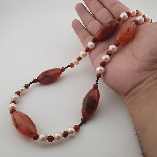 Vintage African Carnelian & Fresh Water Authentic Pearl Necklace