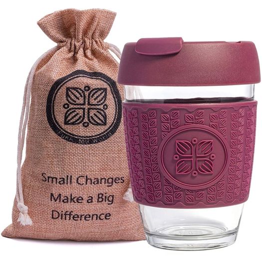 Funk My World - Burgundy Eco-Friendly Travel Mug Borosilicate Glass - 12oz Barrister Friendly