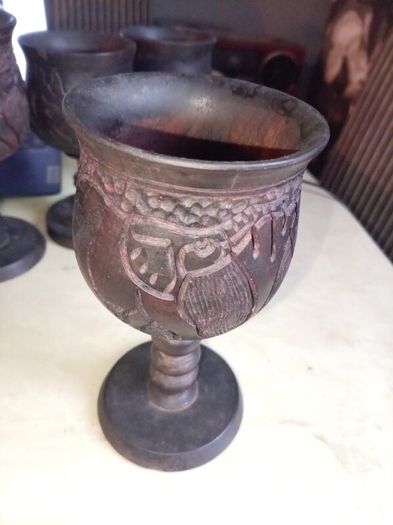 Set of 6 Hand-Carved African Wildlife Wooden Goblets  Vintage