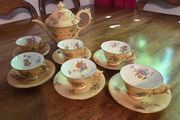 Exquisite Antique Hand Painted English Porcelain Gilded Tea Set with Teapot