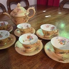 Exquisite Antique Hand Painted English Porcelain Gilded Tea Set with Teapot