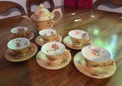 Exquisite Antique Hand Painted English Porcelain Gilded Tea Set with Teapot