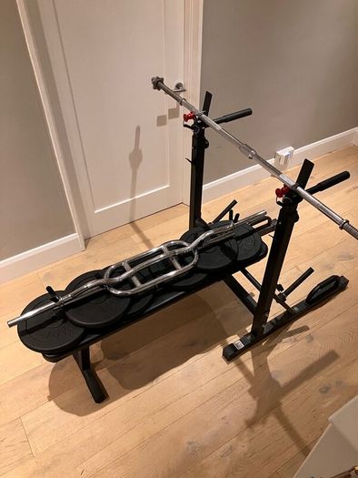 Weights bench, bar and weights