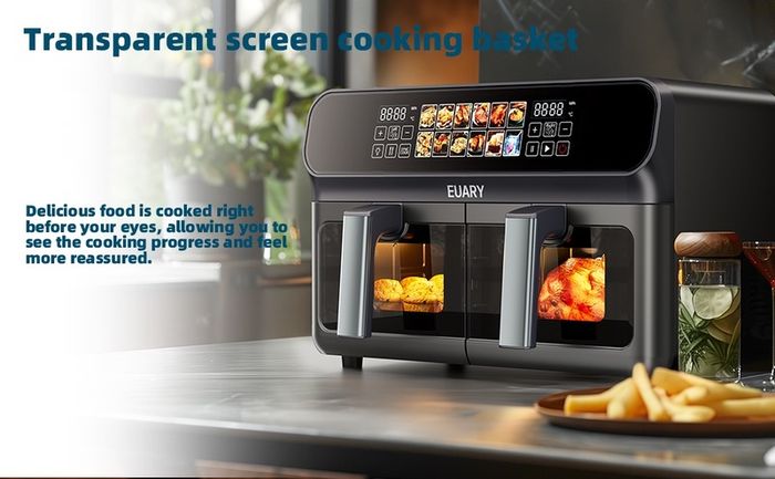 EUARY dual basket  Air Fryer 9L Oil Free 2 Compartments XXL 2800 W Large Capacity, 2 Air Fryer Bins, 12 Cooking Programs, Touch Screen, Appointment Function