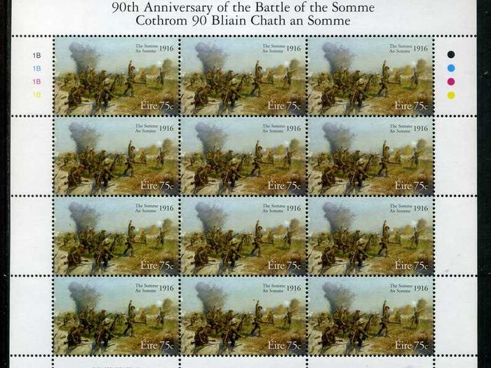 2006 Ireland 90th Anniversary of the Battle of the Somme Commemorative Stamp Sheetlet Plate 1B1B1B1B Mint Never Hinged (MNH).