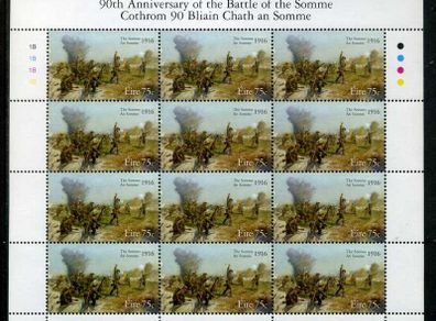 2006 Ireland 90th Anniversary of the Battle of the Somme Commemorative Stamp Sheetlet Plate 1B1B1B1B Mint Never Hinged (MNH).
