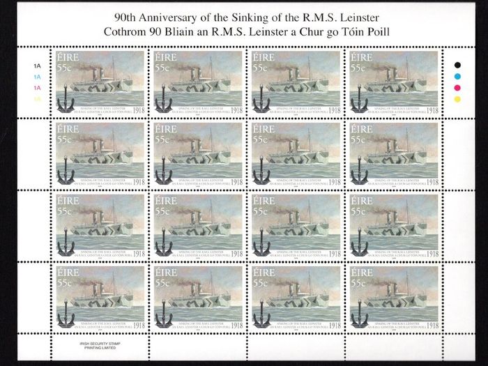 2008 Ireland 90th Anniversary of the Sinking of the RMS Leinster Commemorative Stamp Sheetlet Plate 1A1A1A1A Mint Never Hinged (MNH)