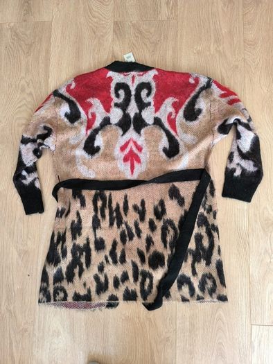 River Island Cardigan L Leopard Print Belted Open Front Red Black Boho Statement NEW good for Party concert