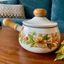 Vintage Enamel Lidded Saucepan Pot with Wooden Handle Autumnal Leaf Design Image 2