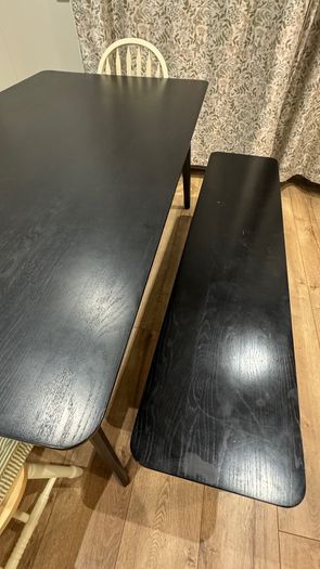 Oak wood black dinning table with a bench and 4 chairs