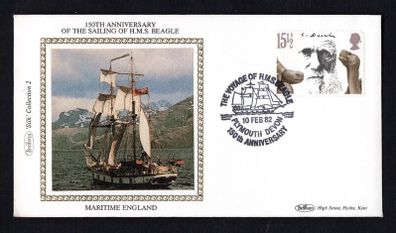 1982 Great Britain Benham Silke Cover showing 150th Anniversary of the Sailing og HMS Beale tying 15 1/2p Galapagos Tortoise (Chelonoidis nigra), Darwin commemorative stamp