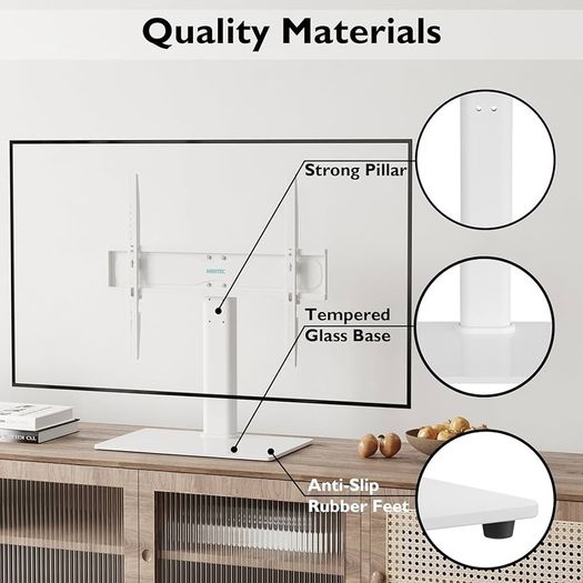 NEW SALE | Universal Table Top Pedestal TV Stand with Bracket for 26inch-55inch LCD/LED TVs-Height Adjustable TV stand with 8mm Tempered Glass Base & Cable Management-Holds 40 KG & Max.VESA 400x400mm White