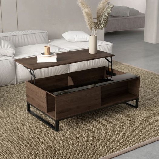 Side table with lift function, hidden storage compartment, walnut wood-effect, steel frame, 102 x 58 x 35.5 cm
