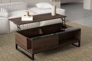 Side table with lift function, hidden storage compartment, walnut wood-effect, steel frame, 102 x 58 x 35.5 cm