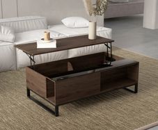 Side table with lift function, hidden storage compartment, walnut wood-effect, steel frame, 102 x 58 x 35.5 cm