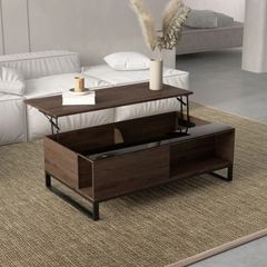 Side table with lift function, hidden storage compartment, walnut wood-effect, steel frame, 102 x 58 x 35.5 cm