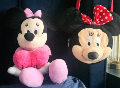 minnie mouse soft toy, hand bag and umbrella