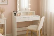 Wooden Dressing Table with LED Mirror &amp; Lights - White Bedroom Vanity Makeup Desk Set with Storage Drawers, Plug Sockets &amp; Organiser, 80 x 40 x 145cm