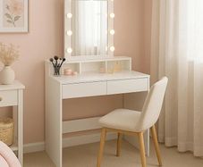 Wooden Dressing Table with LED Mirror & Lights - White Bedroom Vanity Makeup Desk Set with Storage Drawers, Plug Sockets & Organiser, 80 x 40 x 145cm
