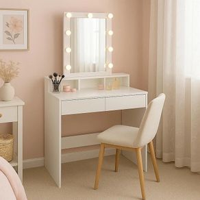 Wooden Dressing Table with LED Mirror & Lights - White Bedroom Vanity Makeup Desk Set with Storage Drawers, Plug Sockets & Organiser, 80 x 40 x 145cm