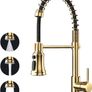 NEW SALE | Kitchen Tap, Kitchen Sink Mixer Tap with 360 Degree Swivel Pull Down Sprayer Commercial Kitchen Taps Single Handle Mixer Tap Cold and Hot 3-Modes Spray with Standard Fittings Gold Image 2