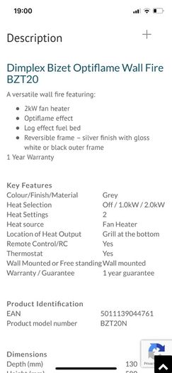 Dimplex wall mounted 2KW optiflame electric heater