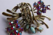 Vintage 1950s Gold Tone Rainbow  Crystal Rhinestone Floral Spray Brooch