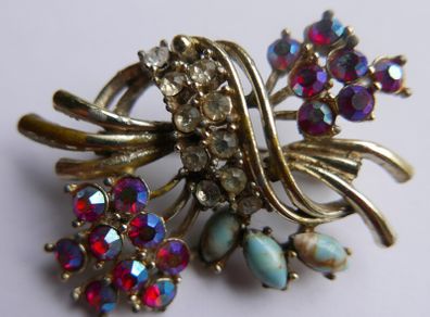 Vintage 1950s Gold Tone Rainbow  Crystal Rhinestone Floral Spray Brooch
