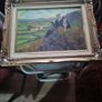 Oil on Canvas Old Man Smoking a Pipe and holding a Black and White Dog on a Rocky Outcrop, Postage available or Collection, Image 2