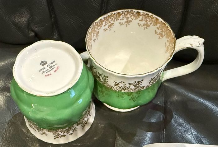 Vintage Royal Albert Regal Series bone china teacups in green with gold floral filigree