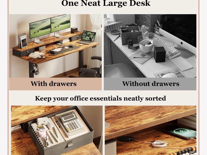 Electric Height Adjustable Desk, with 2 Fabric Drawers, 120x60cm 72-116cm Height, Stable Sit-Stand Standing Desk w. 2 Memory Buttons, Computer Desk for Home Office, 2 pcs Desktops, Brown