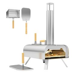 Outdoor Pizza Oven, Portable Wood Pellet Pizza Oven with Pizza Stone and Peel, Foldable Legs, Chimney, 12 Inch Wood Fired Pizza Maker for Outdoor Cooking, Stainless Steel