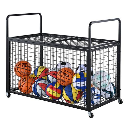 XL Rolling Sports Ball Storage Cart, Lockable Basketball Cage with Elastic Straps, Sport Equipment Holder Organizer for Indoor Outdoor, Steel Storage Rack for Garages, Playgroup, Gym and Schools