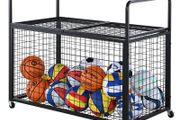 XL Rolling Sports Ball Storage Cart, Lockable Basketball Cage with Elastic Straps, Sport Equipment Holder Organizer for Indoor Outdoor, Steel Storage Rack for Garages, Playgroup, Gym and Schools