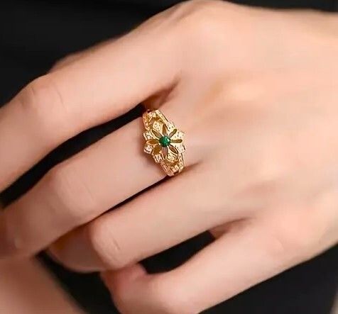 Vintage Style Emerald Stone Yellow Gold Tone Ring