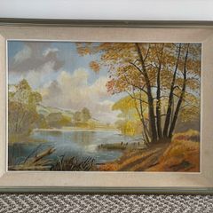 Vintage Framed Autumn Landscape Oil Painting on Board