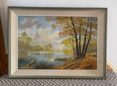 Vintage Framed Autumn Landscape Oil Painting on Board