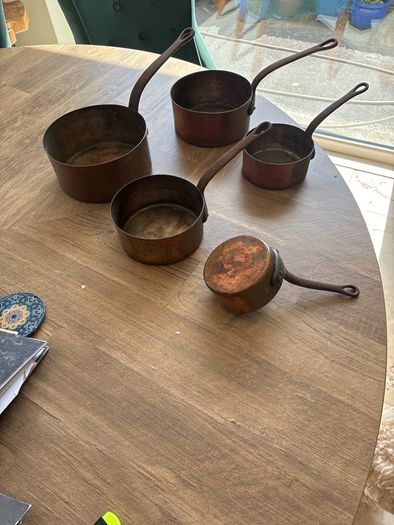 Five vintage copper pots